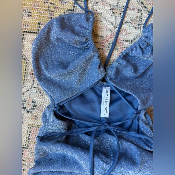 Lucy in the Sky Dusty Blue Glitter Ruched Bodycon Mini Dress Size Medium - Picture 3 of 8